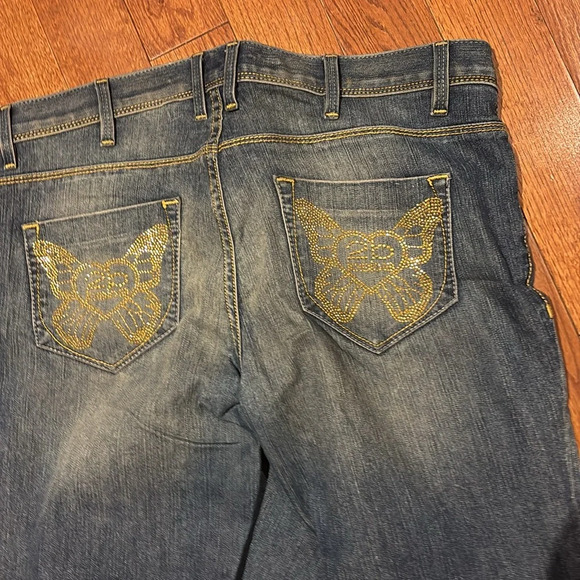 2 B Bebe boot cut rhinestone bling pockets straight skinny jeans Sz - Picture 8 of 16